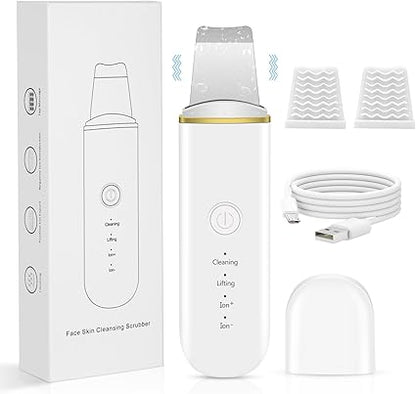 Ultrasonic Facial Cleanser, 4 Modes, Facial Scrub with Spatula, USB Rechargeable, White